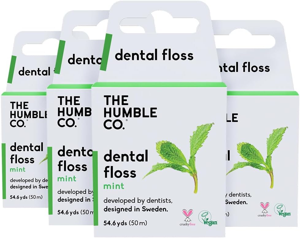 The Humble Co. Dental Floss (4pack) - Vegan, Waxed Dental Floss with Xylitol, 55 Yards of Adult and Kids Floss for Gum Care and Dental Care (Mint)