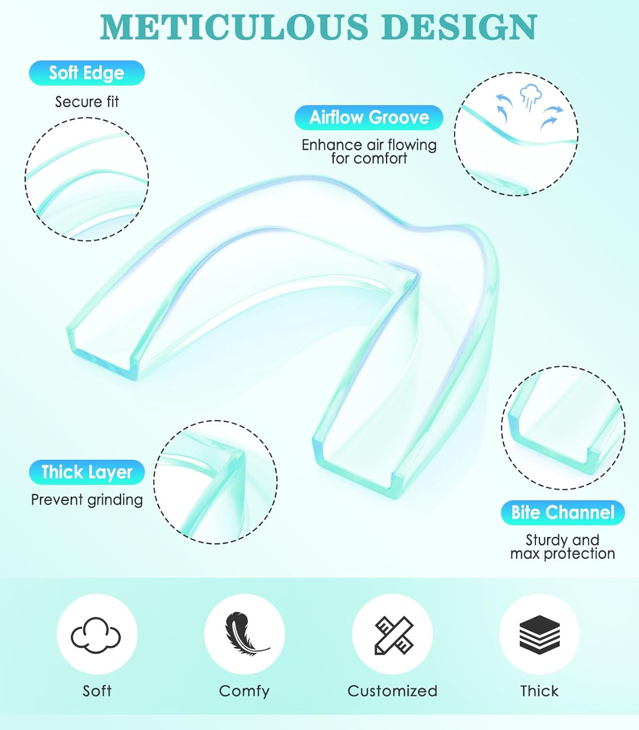 Mouth Guard for Grinding Teeth at Night, Night Guards for Teeth Grinding, 4 Pack/Large Size Moldable Dental Guard for Sleeping with 2 x 5X Mirror Mouth Guard Case, Mint Green