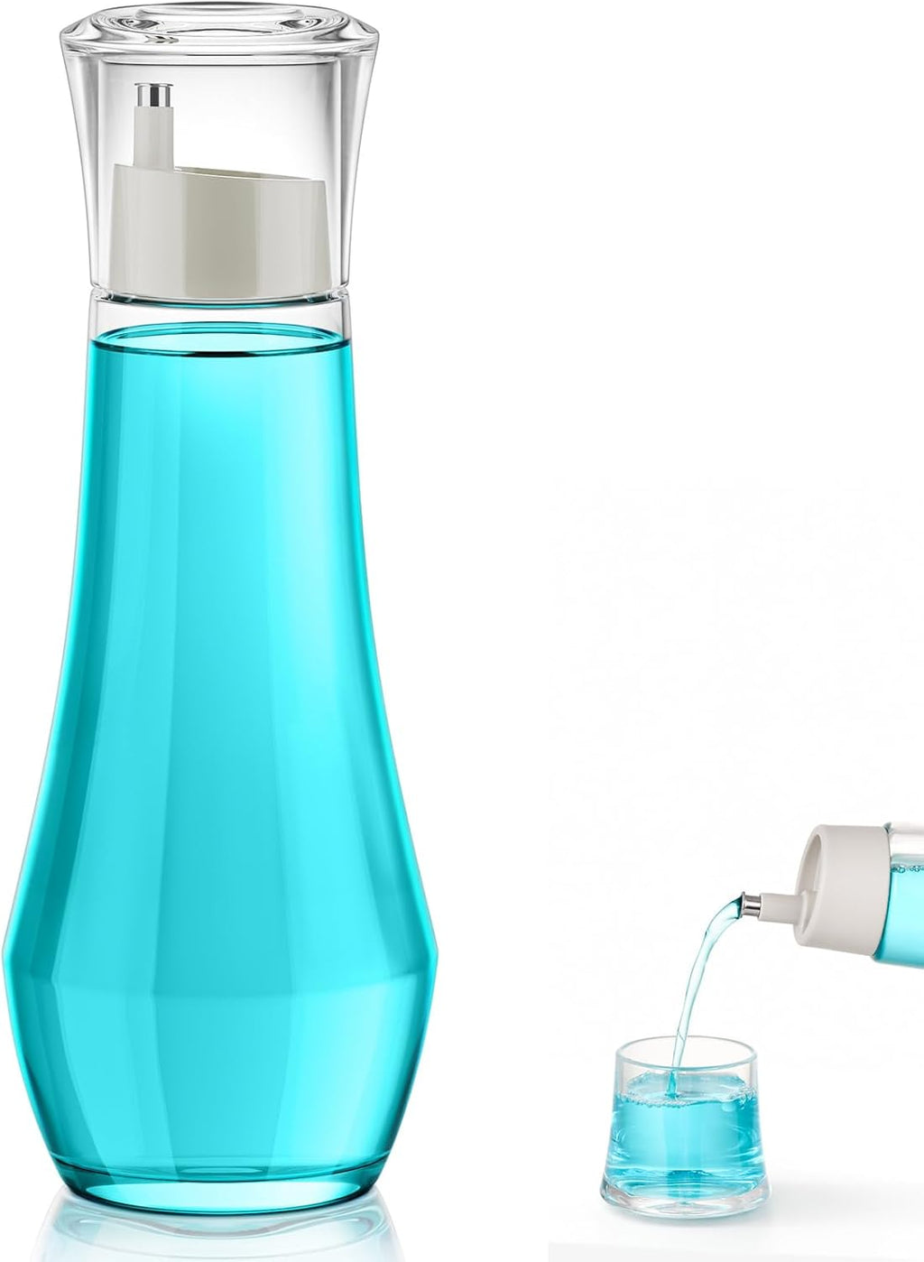 VITVITI Glass Mouthwash Dispenser for Bathroom, 8.8OZ Mouth Wash Container Bottle with Lid Cup, Small Clear Refillable Mouthwash Dispenser Decanter for Countertop
