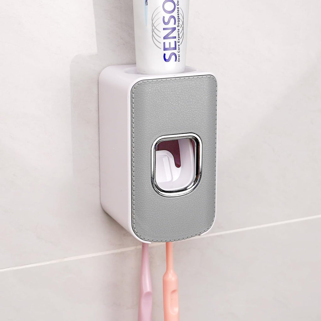 2 Slot Toothbrush Holder and Toothpaste Dispenser Wall Mounted, Automatic Toothpaste Squeezer, 2 in 1 Tooth Brush Toothpaste Organizer for Shower (Grey 2Pack)