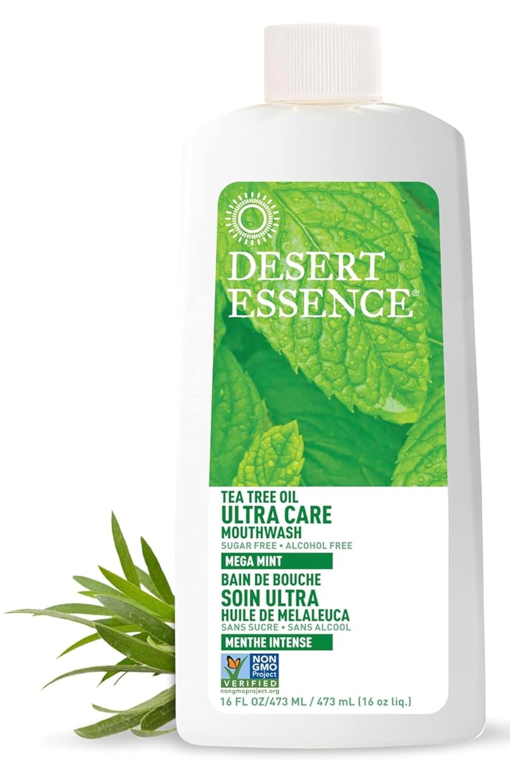Desert Essence Natural Tea Tree Oil Ultra Care Mouthwash - Mega Mint - 16 Fl Oz - Freshens Breath - Defends Against Sugar Acids - Vitamin C - Soothes Gums - Whitening Floss - Removes Food Debris