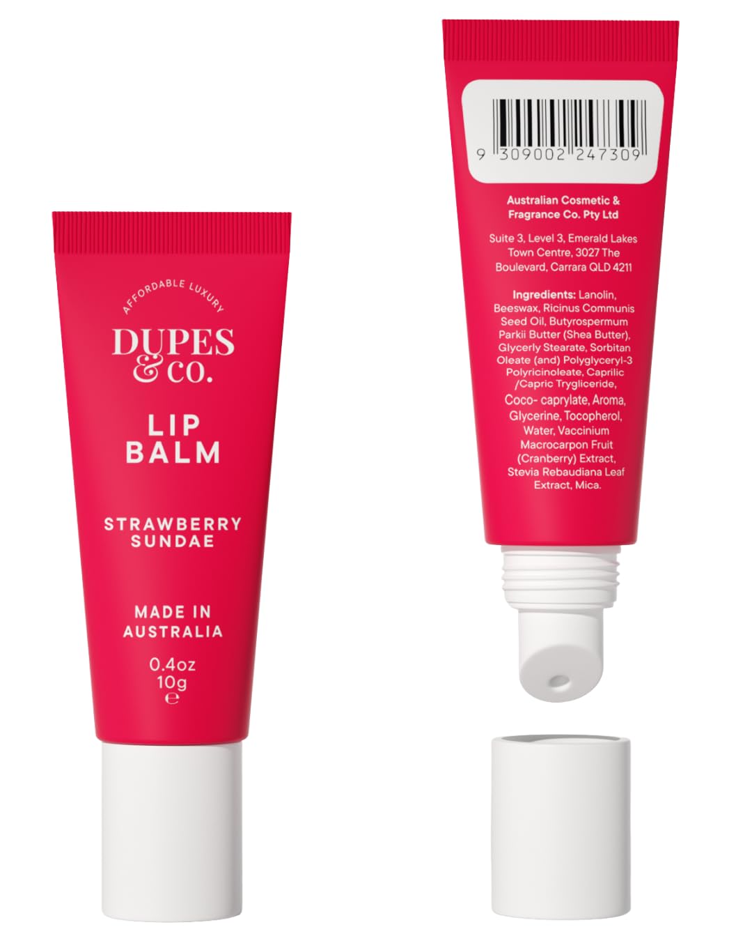 Dupes & CO. Lip Balm 2-Pack – Strawberry Sundae & Kiwi Smacker | Hydrating, Nourishing & Softening | Fruity Flavored, Moisturizing Lip Care | 2 x 0.4 oz | Made in Australia