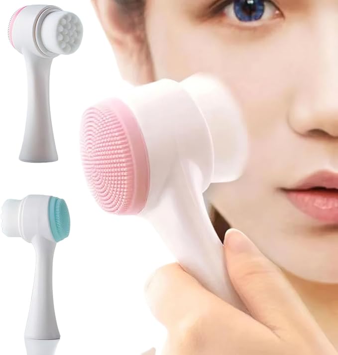 2 Pcs Face Washing Brushes, 2 in 1 Silicone Facial Cleansing Brush with Super Soft Bristles, Silicone Scrubber Face for Deep Pore Cleansing, Massage, Exfoliator, Skincare Makeup Removal(Pink, Blue)