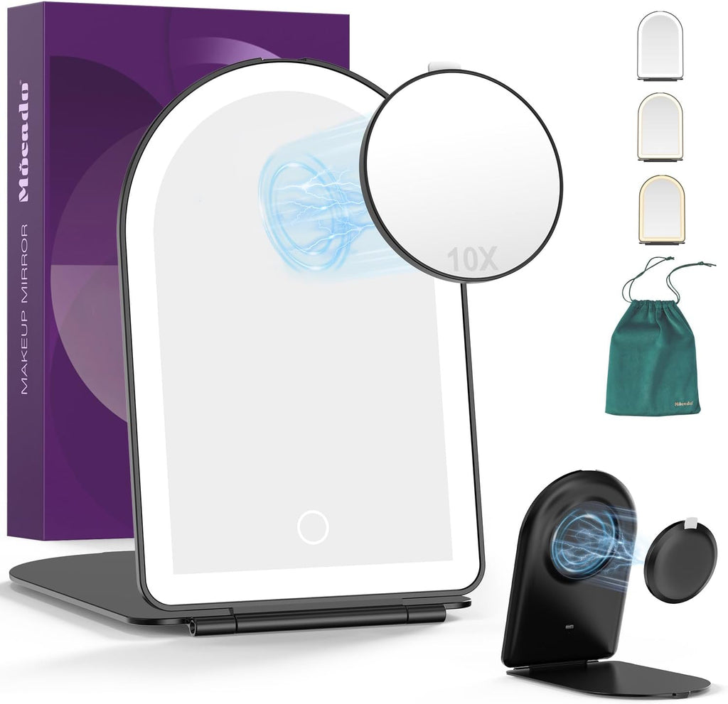 Mocado Travel Makeup Mirror with Light, 1x/10x Magnifying Mirror with Light, 3 Colors Lighted Magnifying Mirror, 2000mAh Rechargeable Lighted Makeup Mirror, Memory Function (Arched-Black)