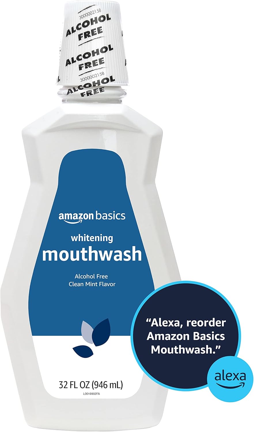 Amazon Basics Teeth Whitening Mouthwash, Alcohol-Free, Clean Mint, 32 Fluid Ounces, 4-Pack, Previously Solimo