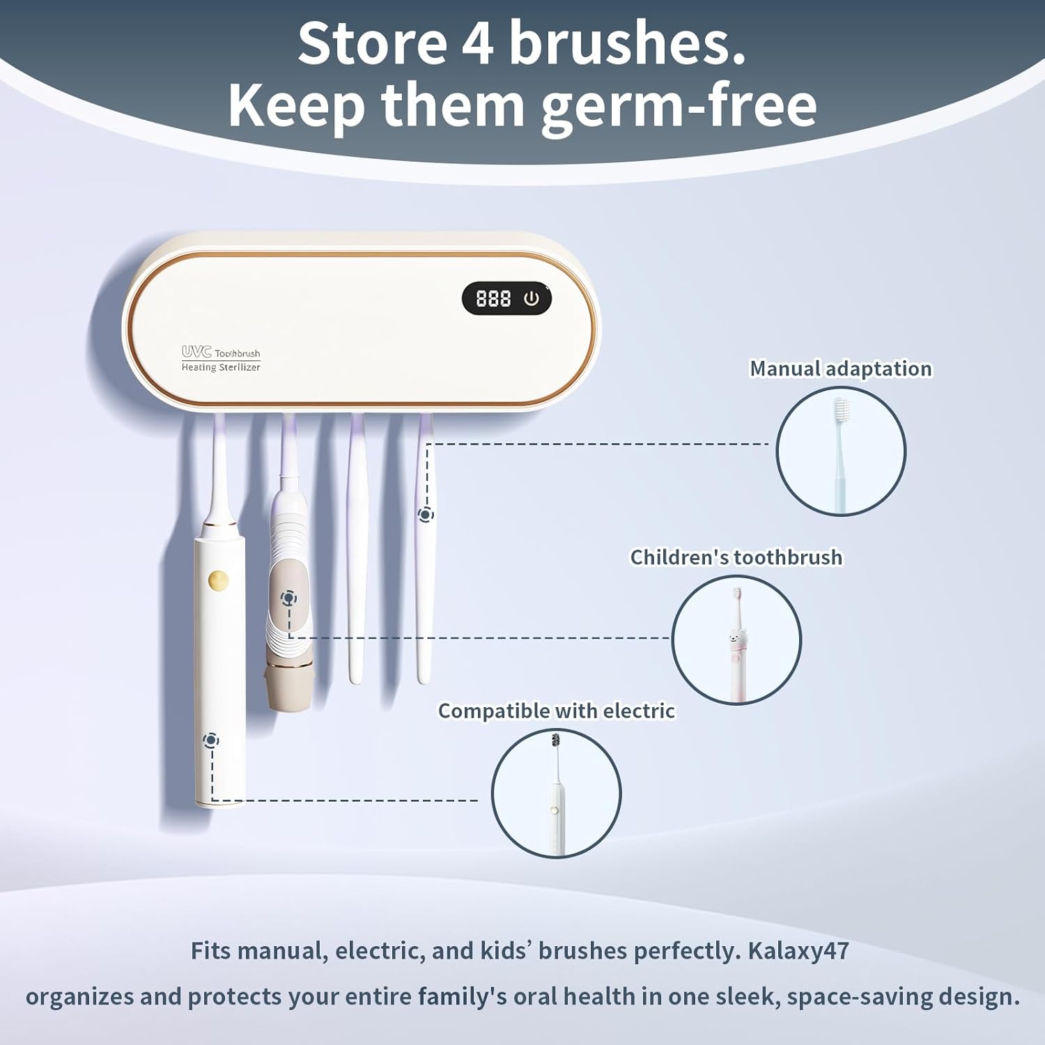 UV Toothbrush Cleaner and Holder with Air Drying & LED Smart Screen, 4 Slot Family Size Electric Toothbrush Organizer Wall Mounted No Drill for Bathroom