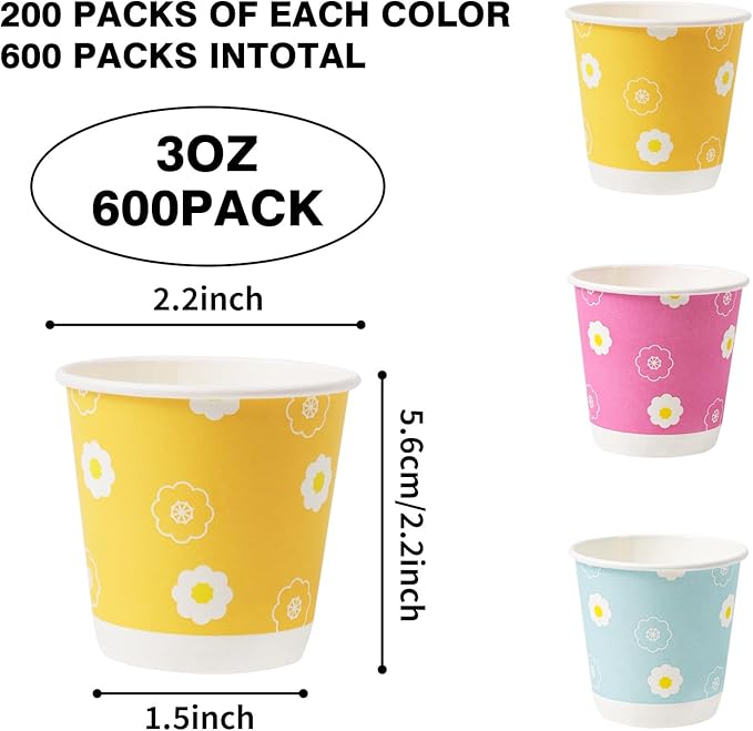 Tamone 600 Pack 3 oz Bathroom Cups, Mouthwash Cups with Flower, Pink, Yellow, Blue Small Disposable 3 oz Paper Cups for Party, Picnic, BBQ, Travel, Home & Event