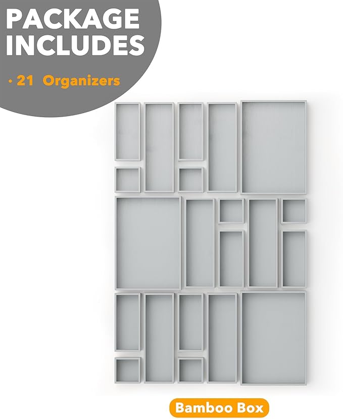 SpaceAid 21-Piece Bamboo Drawer Organizer Storage Boxes Set, Wood Tray Junk Drawer Organizers Multi-Use Divider Bins for Kitchen, Bathroom, Office Desk and Makeup Organization (21 Pack, Gray)