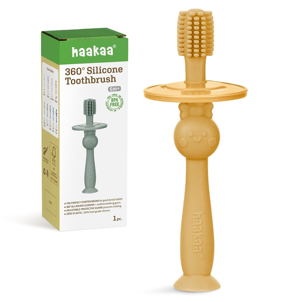 haakaa 360° Baby Toothbrush with Suction Base - Gentle Cleaning for Toddler's Self-Brushing Training, Food-Grade Silicone, Adjustable Safety Shield - Mustard (1 Piece)