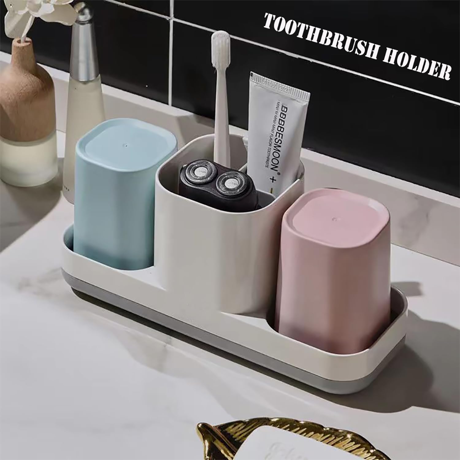 Toothbrush Holder for BathroomToothbrush Cup, Kids Toothbrush Holder with Bathroom Cup, Electric Toothbrush Toothpaste Holder and Bathroom Accessories Storage, Pink & Blue