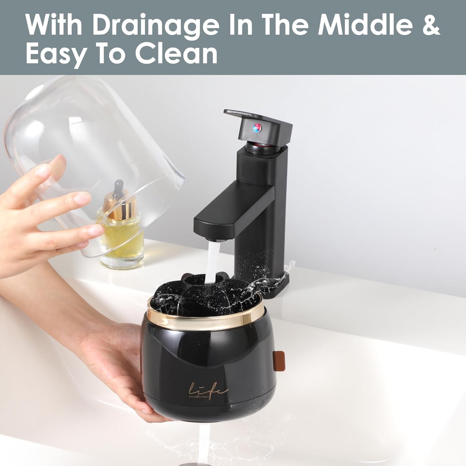 EXIN DECHEN Toothbrush Holders with Cover for Bathrooms, 360° Rotating 7-Slot Draining Water for Placing Kids Electric Toothbrushes,Toothpaste,Razors,Bathroom Counter Dresser Vanity Organizer(Black)