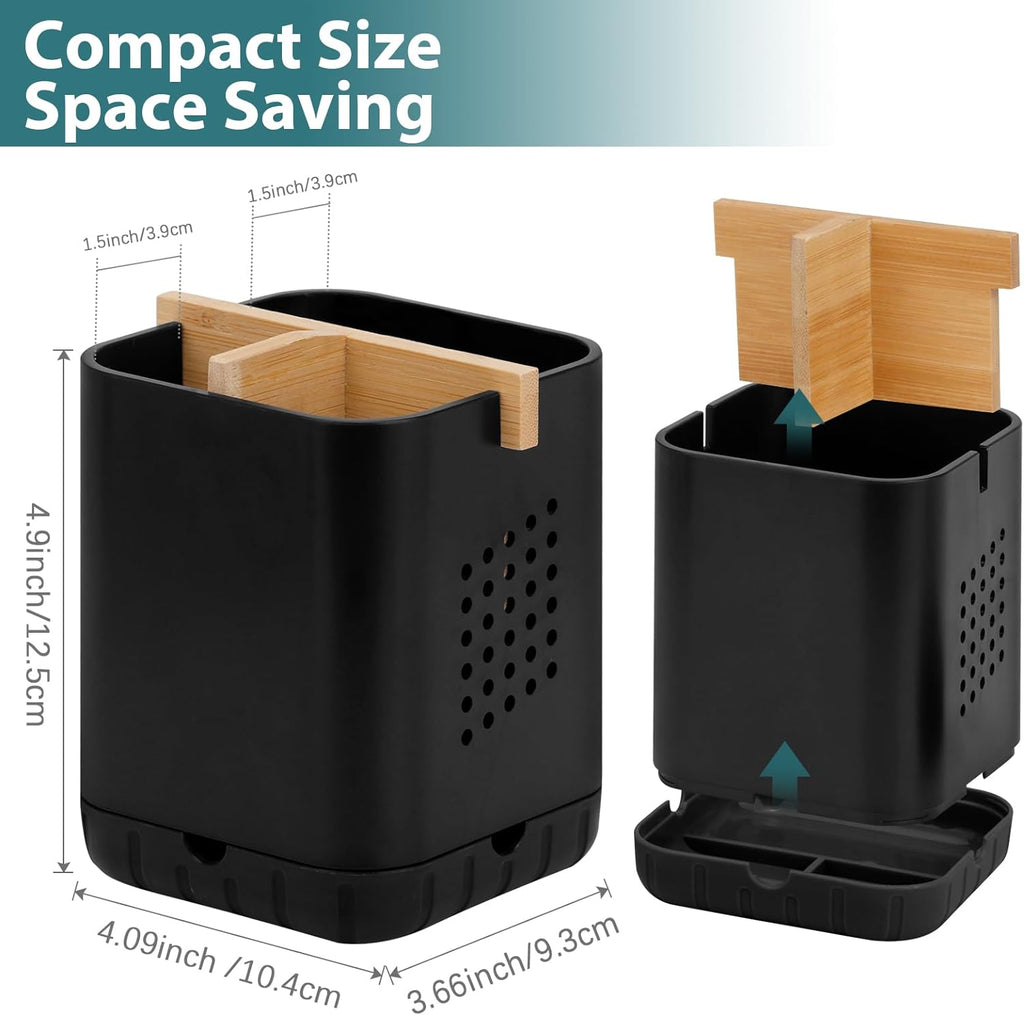 Boperzi Black Toothbrush Holders for Bathroom, Electric Toothbrush Holder with Bamboo Divider, Detachable Anti-Slip Toothbrush and Razor Holder Drainage for Shower, Toothbrush Organizer and Storage