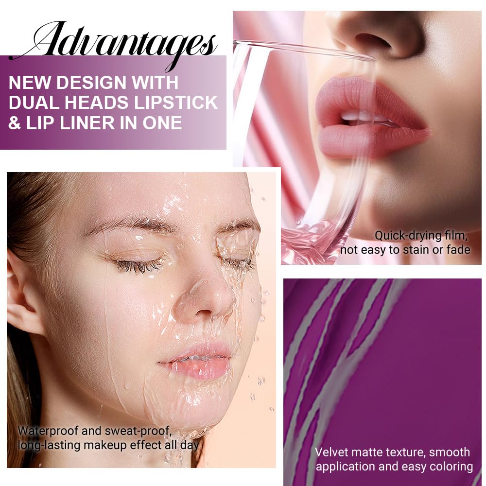 1Pcs 2 in 1 Purple Matte Lip Liner and Liquid Lipstick Stain Makeup Set for women, Purple Long Lasting Smudge Proof Lip Tint Matte Finish Lip Gloss for All-Day Color Hold Easy to Use 52#