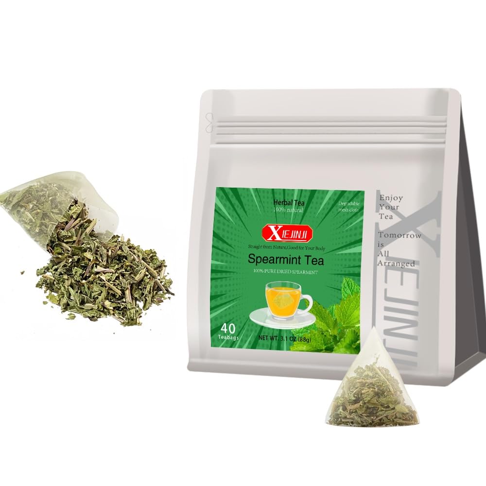 XIEJINJI Spearmint Tea Bags, 40 Count - 100% Pure Spearmint Leaves, Antioxidant-Rich, Supports Digestion, Refreshing & Soothing