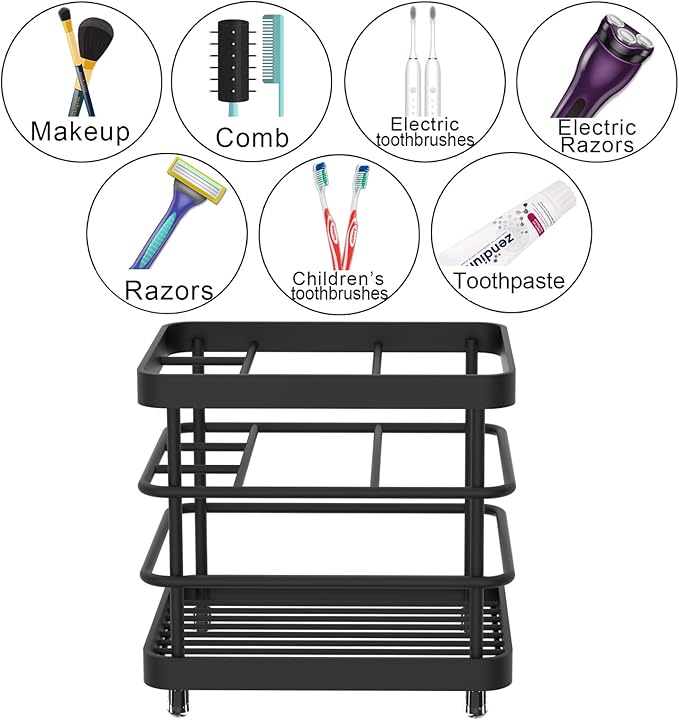 Toothbrush Holder - WHALCHI Stainless Steel Tooth Brush Toothpaste Holder for Bathrooms, Multi-Functional 5 Slots Bathroom Countertop Accessories Organizer, Black