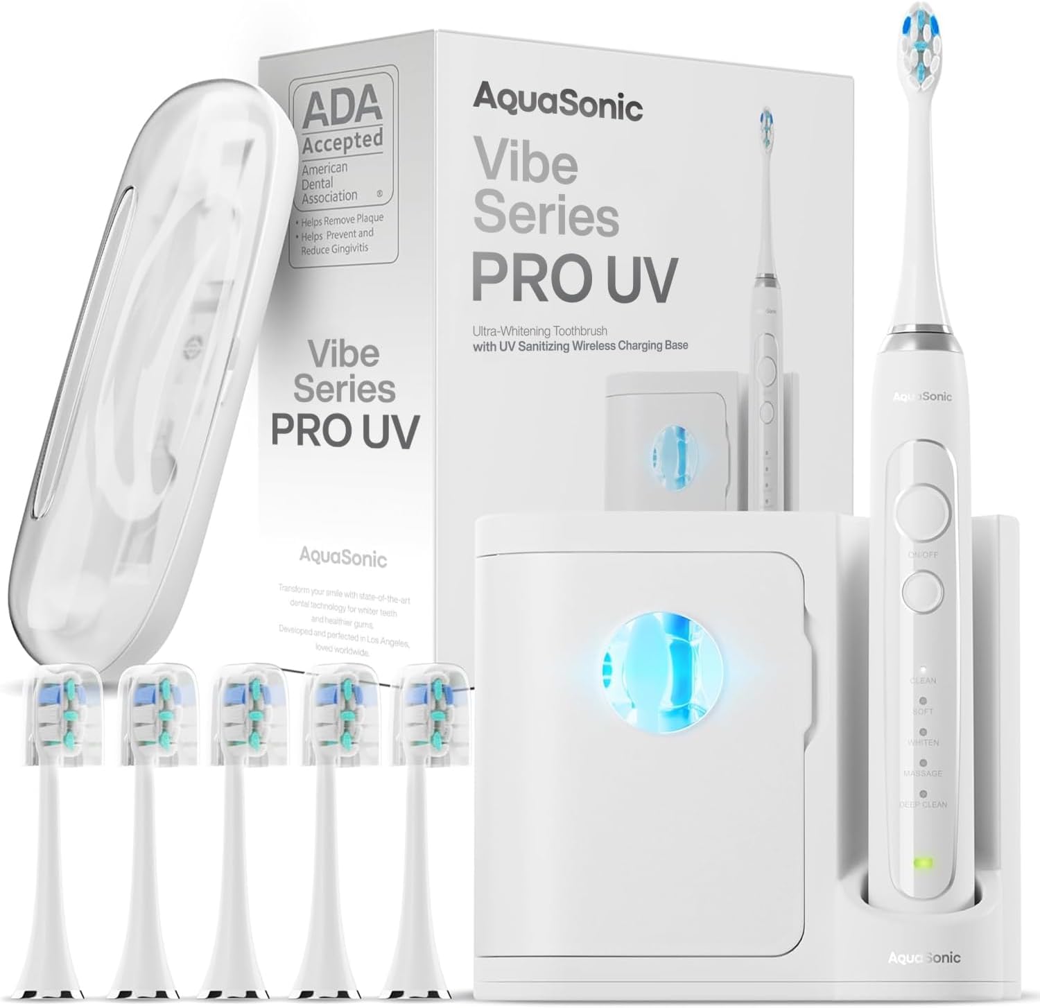 Aquasonic Vibe Series PRO – Ultra-Whitening Electric Toothbrush – 5 Modes & Smart Timers – UV Sanitizing Base – ADA Accepted (Optic White)