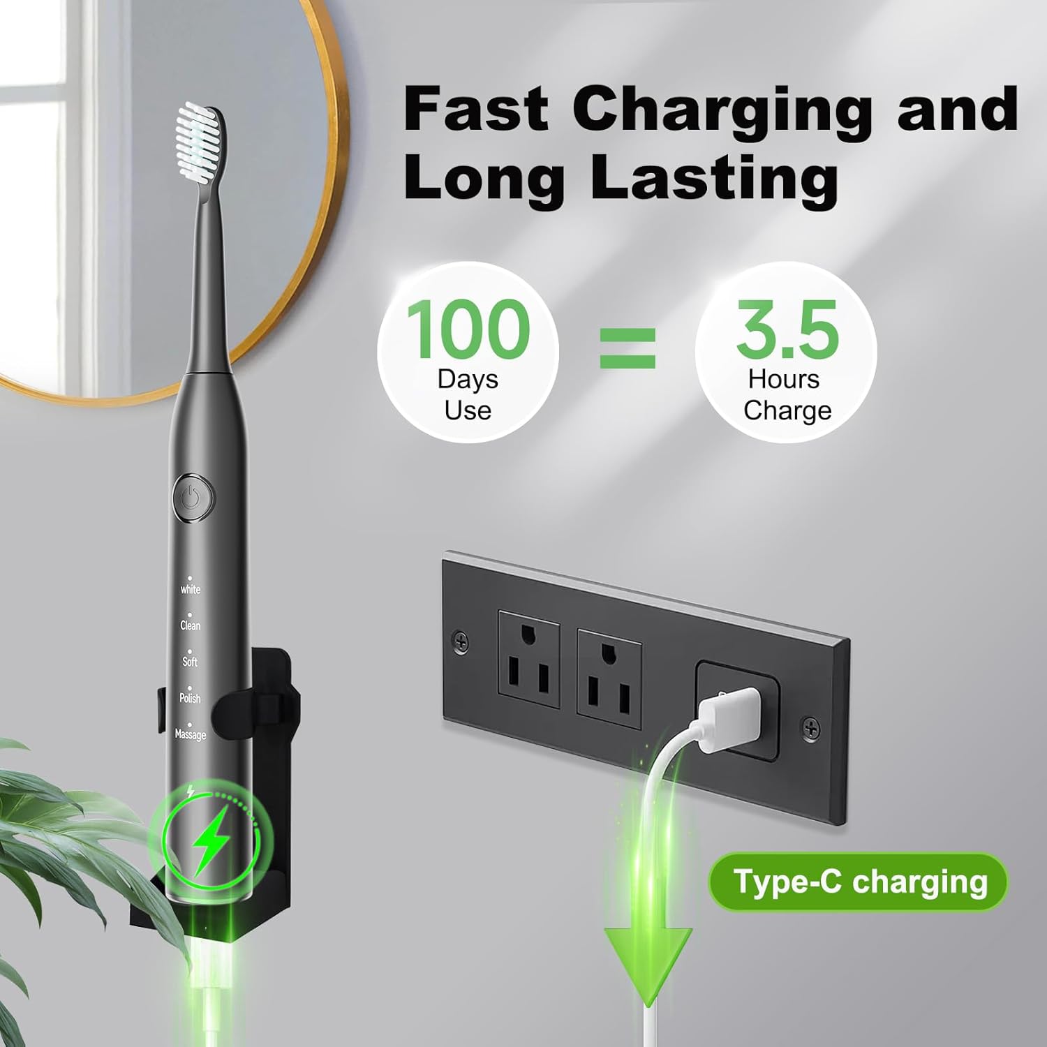 Rechargeable Electric Toothbrush, 8 Brush Heads, with 100 Day Battery Life, 5 Cleaning Modes, Fast Type-C Charging, Comes with Portable Travel Case & Holder, Black
