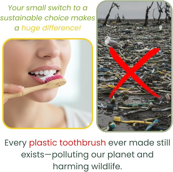 VIREO Bamboo Toothbrushes Medium Bristles 6-Pack - BPA-Free Eco-Friendly Toothbrushes for Adults - Biodegradable, Natural Wooden Toothbrush
