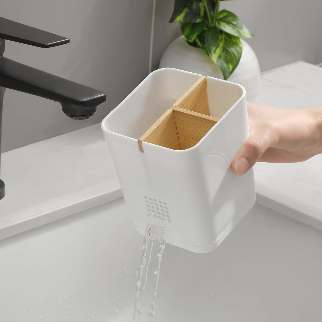 Electric Toothbrush Holder 3 Slots Tooth Brushing Holder with Bamboo Dividers for Bathrooms, Plastic Toothbrush and Toothpaste Organizer for Shower, Countertop, Vanity, White