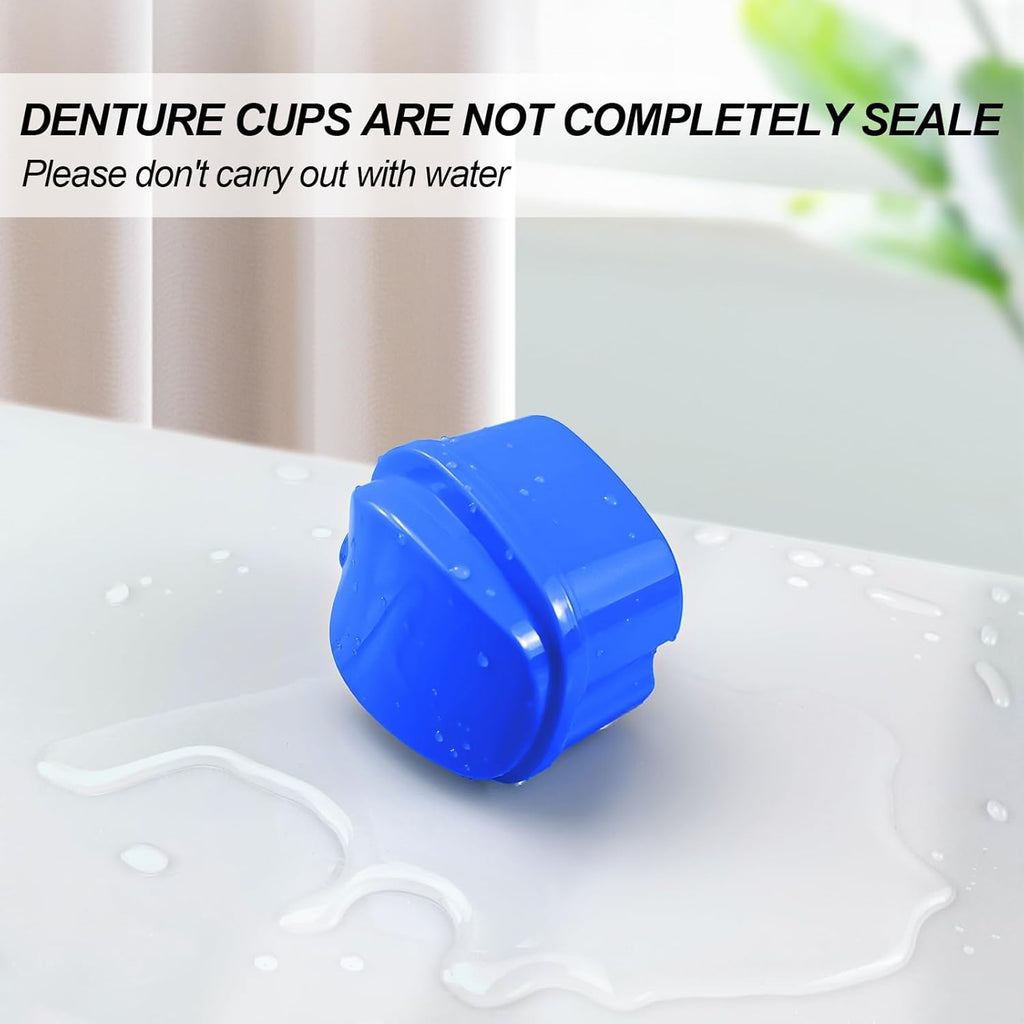 2 Pack Denture Bath Case Cup with Lid and Strainer Basket, Retainer Cleaner Case Dental False Teeth Container with 2 Travel Brushes, Lake Green and Dark Blue