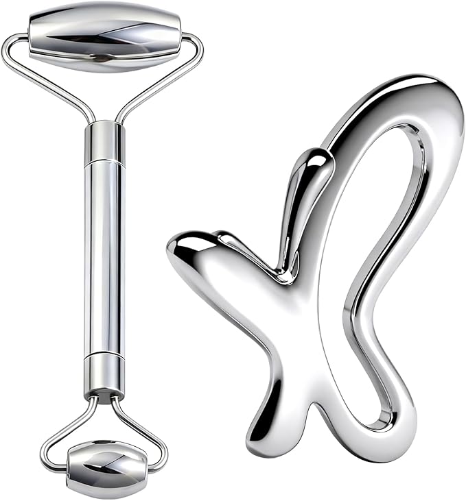 Gua Sha & Face Roller, Stainless Steel Gua Sha Facial Tools,Lymphatic Drainage Massager for Face, Eyes,Chin & Jawline Sculpting,Body Gua Sha Tools with Pouch (Light Silver)