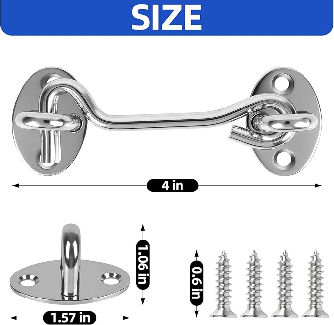 4" Silver Stainless Steel Gate Latch, Barn Door Lock with Screws, Privacy Hook for Inside Door, Fence, Window, 4 PCS