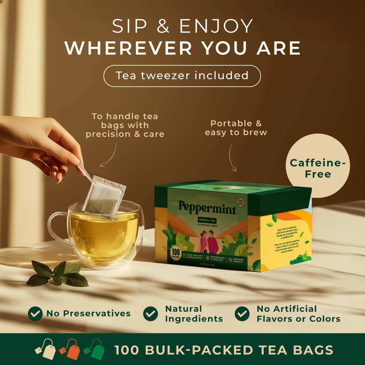 Gya Tea Co Peppermint Herbal Tea Bags (100 Bags) - Caffeine Free with a Tangy Flavor for All Day Comfort, Calming, Relaxing & Nourishing - Fruit & Herbal Blends