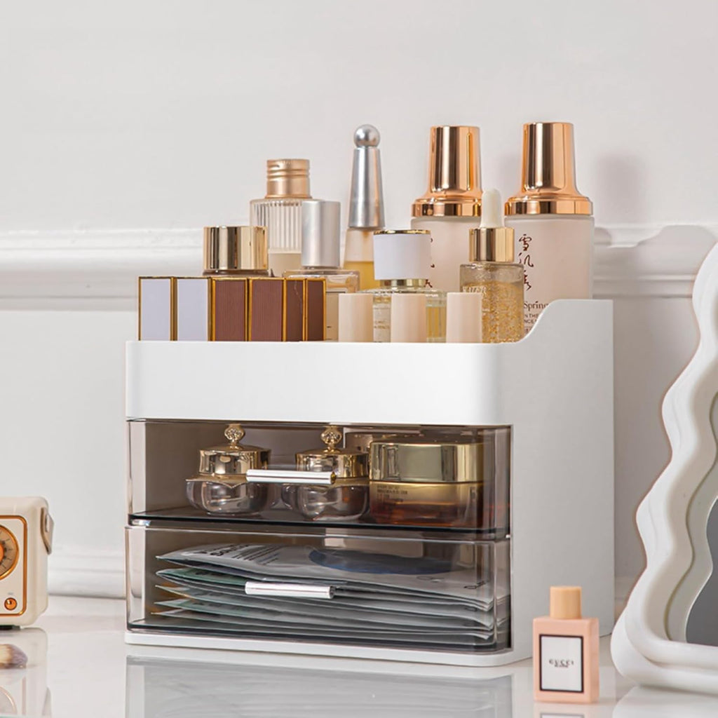 Pink Makeup & Skincare Organizer - 2 Drawer Vanity Storage Box with Cosmetic Display Case