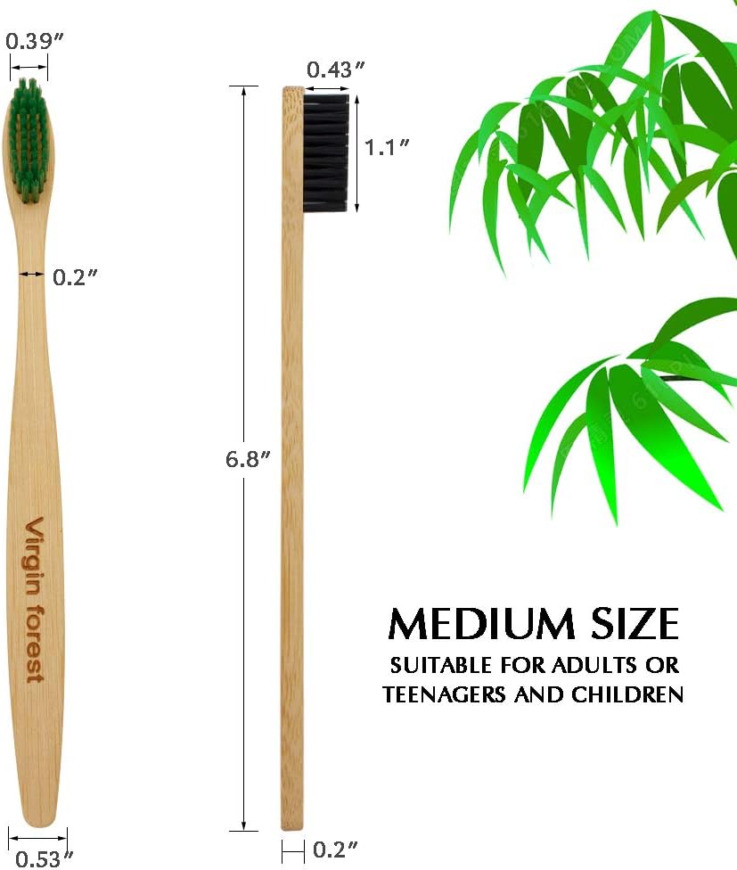Virgin Forest Bamboo Toothbrush, Biodegradable Toothbrush, Eco Friendly Natural Wooden Toothbrushes, Vegan Organic Bamboo Charcoal Tooth Brush for Sensitive Gums Medium Bristle Set of 8 Color
