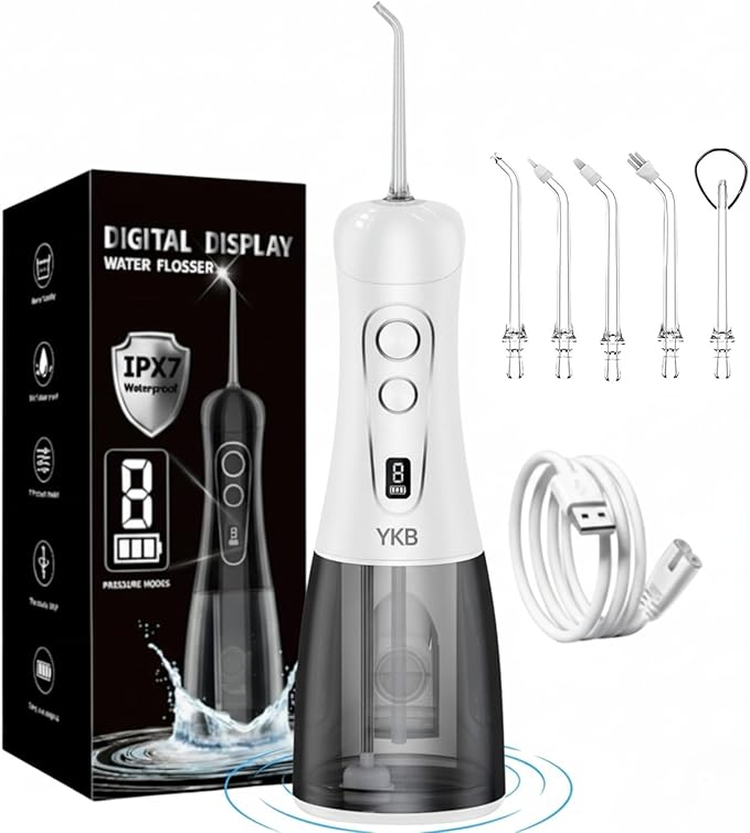 YKB Water Flosser for Teeth, 400ml 8 Modes Portable Water Flosser Cordless with Digital Display, Travel Water Oral Irrigator for Teeth Cleaning & Oral Care Rechargeable IPX7 Waterproof (White)