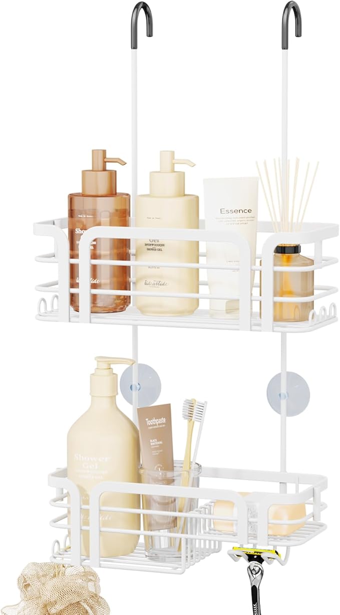 SWTYMIKI Shower Caddy Hanging Organizer - Over the Door Shower Caddy with Soap Holder, 11 Hooks, 2 Installation Ways, Stainless Steel Rustproof Bathroom Organizer, Black