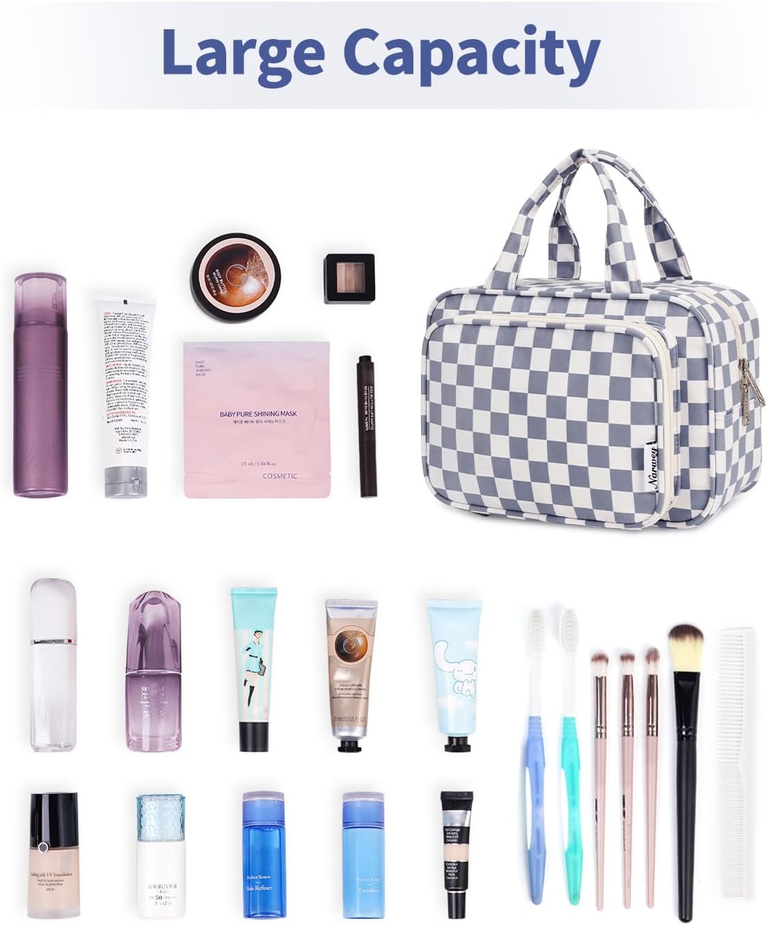 Narwey Large Travel Toiletry Bag for Traveling Women, Cosmetic Makeup Bag Make Up Organizer, Checkered Travel Bag for Toiletries with Handle (Grayish Blue Checkerboard)