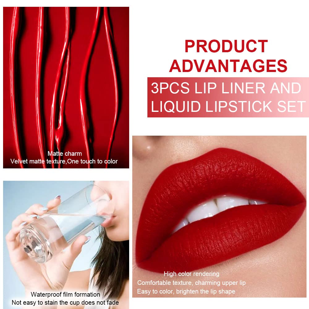 evpct 3Pcs Ruby Bright Dark Deep Red Lip Stain Lipstick with Lip Liner, Burgundy Red Matte Lip Liner and Liquid Lipstick Set for Women Long Lasting Waterproof 24, 24 Hours Lip Sitck Paint