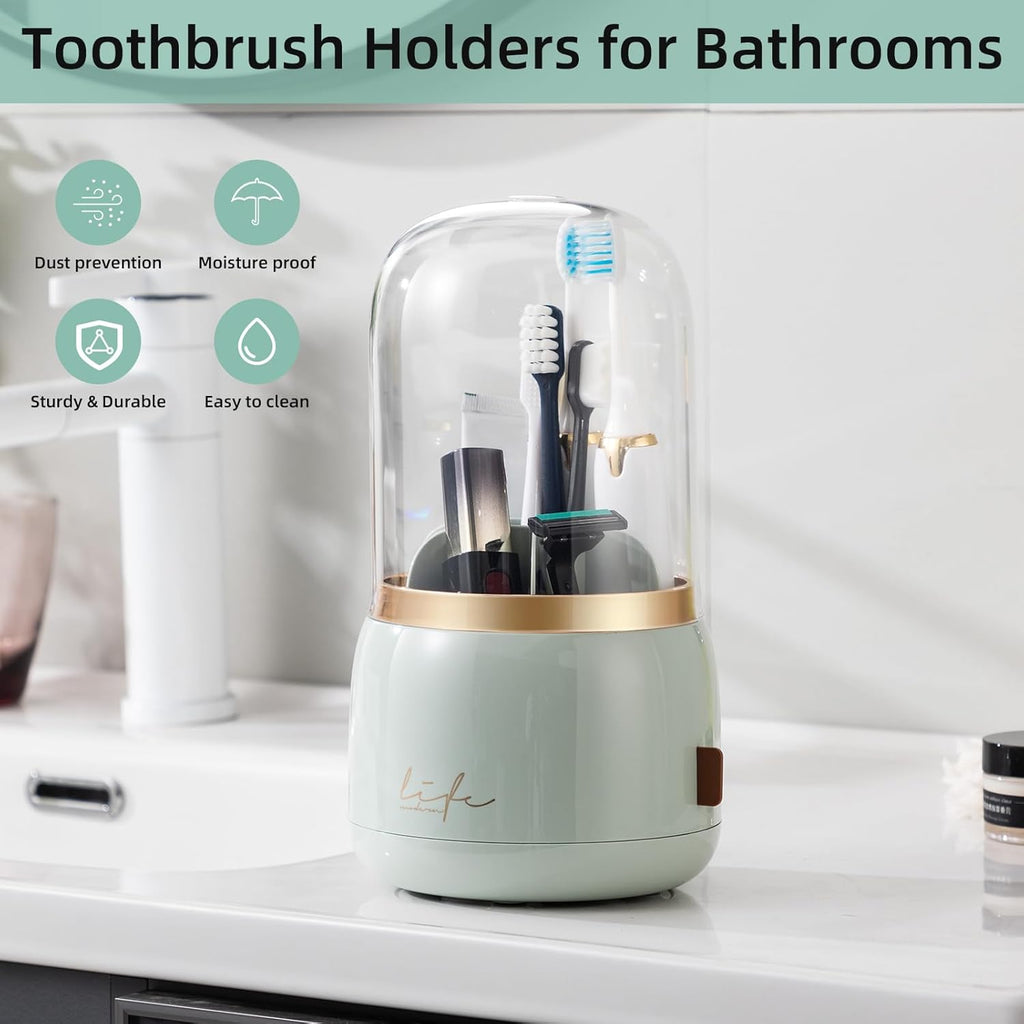 Toothbrush Holders for Bathrooms, Rotating 7 Slots Electric Toothbrush Holders with Cover, Countertop Toothpaste Organizers (Light Green)