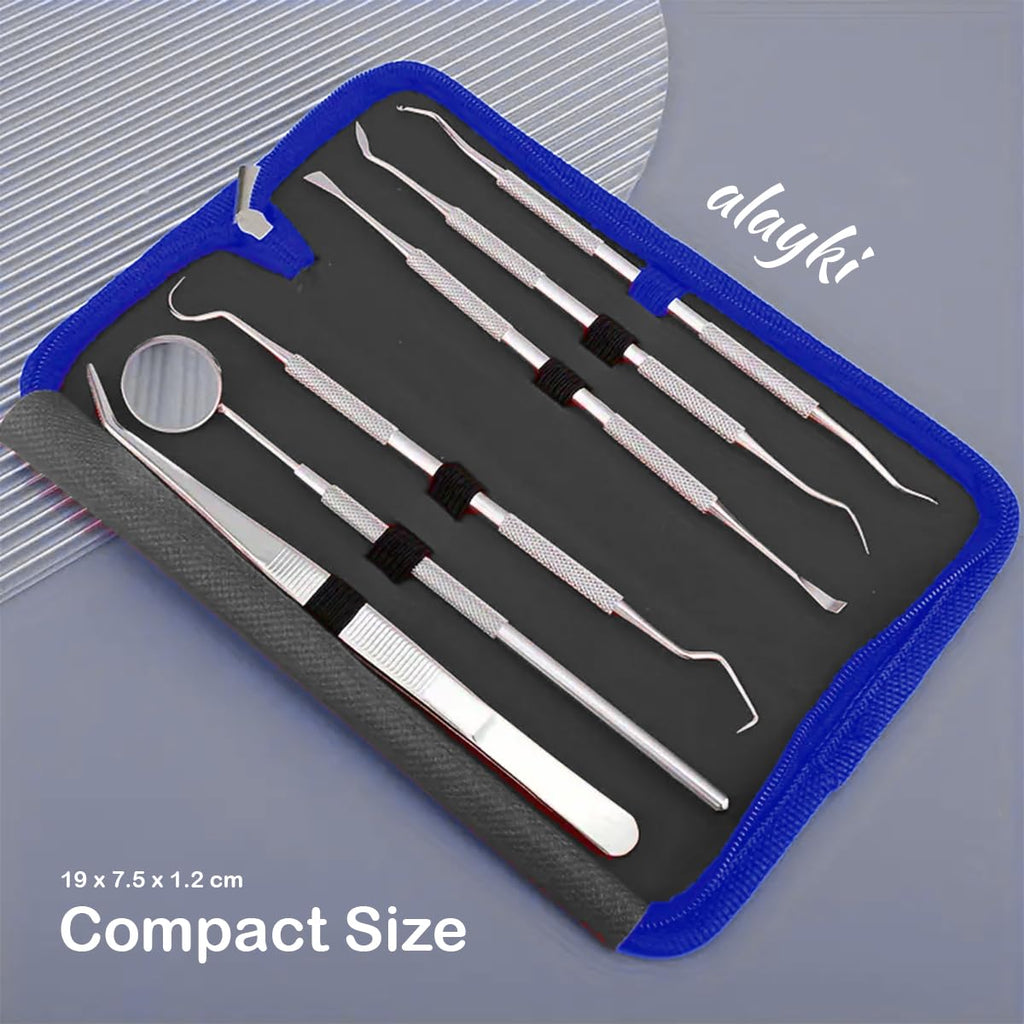 Stainless Steel Dental Kit - 6 Pack Dental Tools with Tooth Mirror, Dental Hygiene Kit for Adults, Kids, Dogs with Mirror, Picks, Travel Case (Blue)