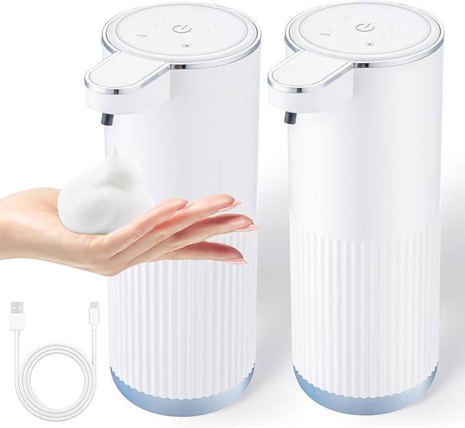 2 Pack Automatic Soap Dispenser Touchless, Rechargeable Foaming Hand Soap Dispenser, 4-Level Adjustable Foam for Bathroom Countertop, Electric (White)