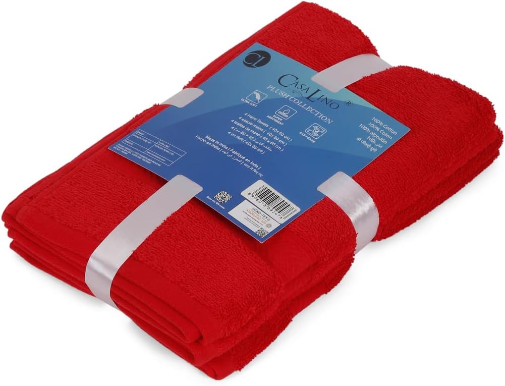 Casa Lino 100% Cotton Hand Towels for Bathroom - Soft, Highly Absorbent & Quick Dry Kitchen Towels - Gym Towel Set - Travel Towel Set - 24" x 16" - Pack of 4 - (Red)