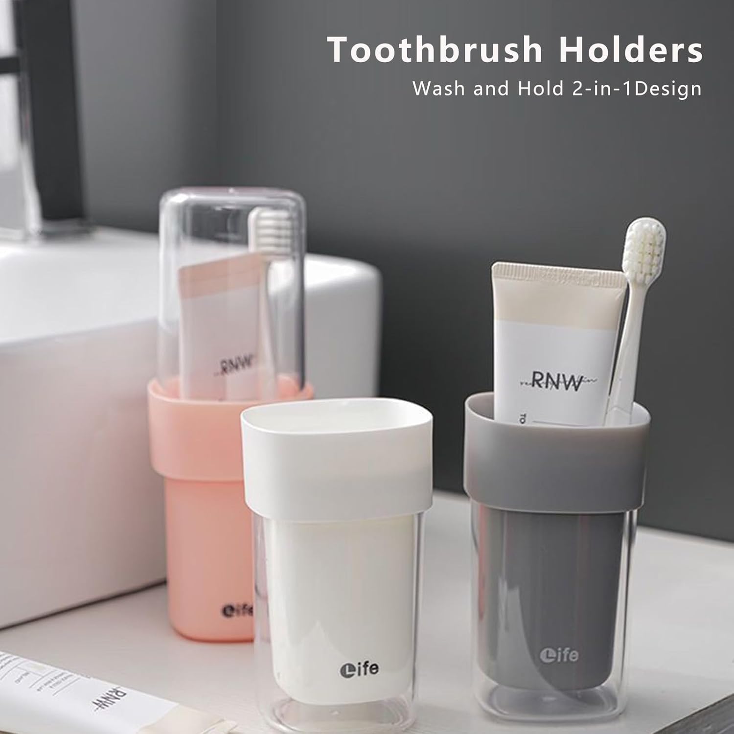 Travel Toothbrush Holder for Bathroom, 2-in-1 Secure Seal Storage Cups, 2-Pack, White and Pink