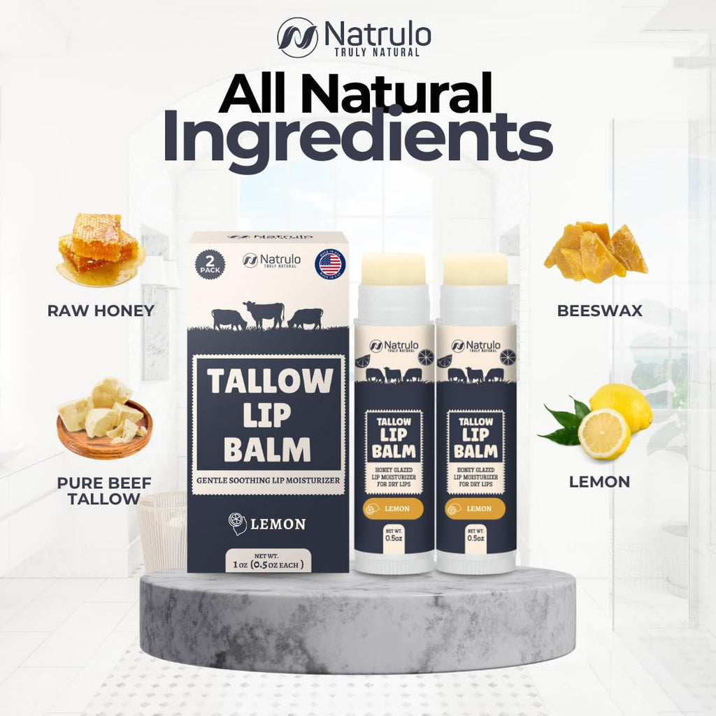 Beef Tallow Lip Balm – Natural Tallow Beeswax Chapstick – Hydrating Moisturizer Grass Fed Beef Tallow Balm Lip Care – Soothes Chapped Dry Sensitive Lips – Long Lasting Vitamin Rich USA-Made 2Pk Lemon