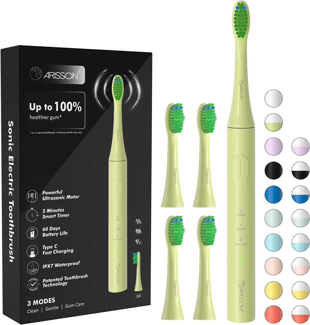 ARISSON Sonic Electric Toothbrush for Adults and Kids, 40,000 VPM Power Toothbrush, 1.5H Fast Charge Ultrasonic Electric Toothbrushes with 2 Minutes Smart Timer, 1.6 Oz Travel Toothbrush, Lime Green