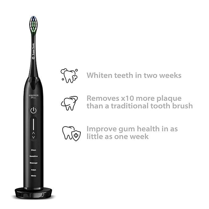Wagner Stern Ultrasonic whitening Toothbrush with Pressure Sensor. 5 Brushing Modes and 4 Levels of Intensity, 8 Soft bristles, Travel case.