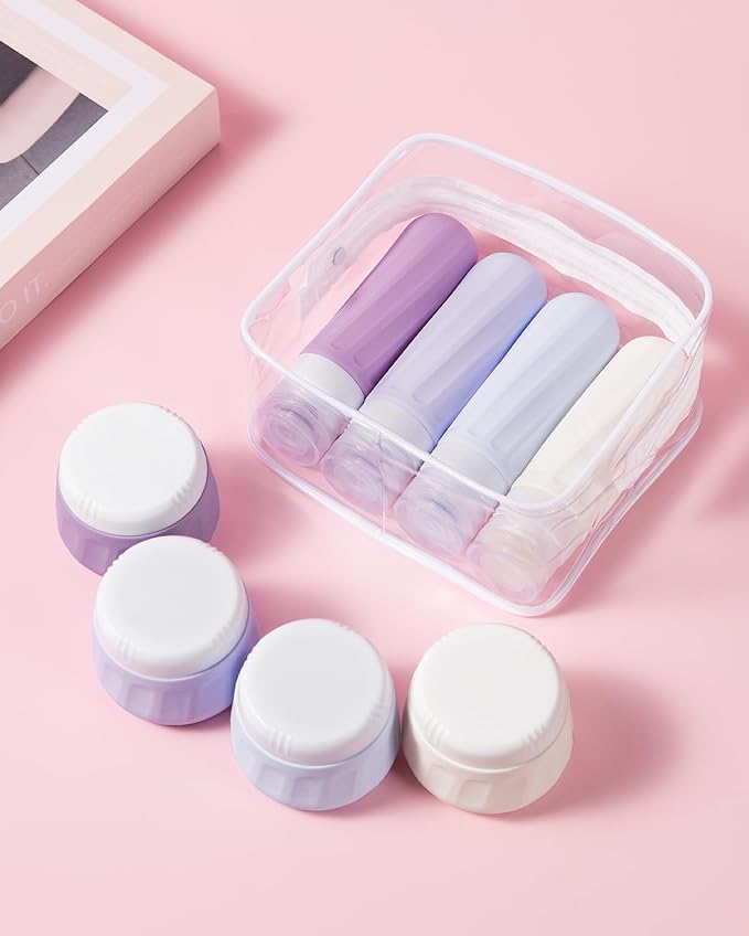 Travel Size Toiletries 8 Pack, TSA Approved 3oz Silicone Squeeze Bottles & Cream Jars with Clear Travel Bag
