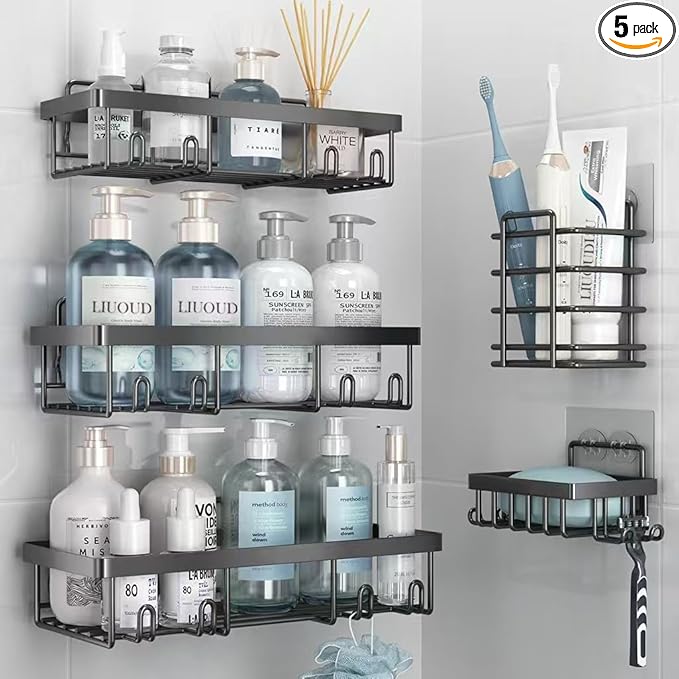 5 Pack Shower Caddy Organizer Rack Shelf for Inside Shower, Self Adhesive Bathroom Wall Storage Basket Rustproof Stainless Steel Large Capacity Shampoo Holder, Dark Grey