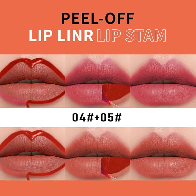 Matte Lip Liner Peel Off Lip Stain, Long Lasting Peel Off Lip Liner Stain, Peel-off Lip Gloss For All Skin Types, Transfer-proof Highly Pigmented Color Waterproof, (04#+05#, Pack of 2)