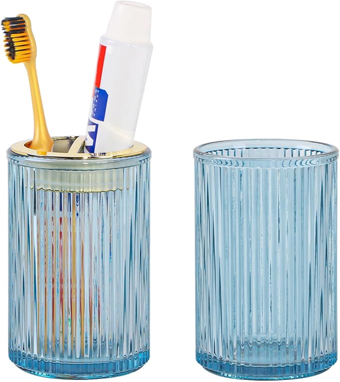 Toothbrush Holders for Bathrooms, 2pcs Glass Toothbrush Holder, 12oz Bathroom Tumbler and Mouthwash Cup, Tooth Brush and Toothpaste Organizer for Bathroom Vanity Countertop (Blue Gold)