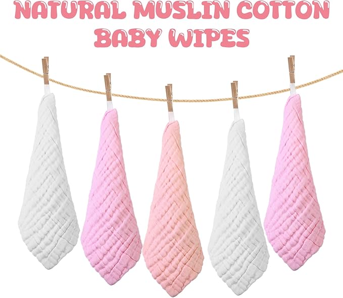 Breling 20 Pcs Baby Muslin Washcloth 12 x 12 Inch 100% Cotton Soft and Absorbent Muslin Washcloth Burp Cloth Wipe Newborn Face Towel for Baby Boy Girl Sensitive Skin(Powder Pink, White, Pink)