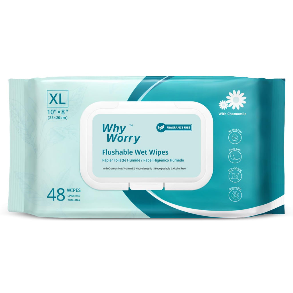 WhyWorry Flushable Wipes for Adults, Extra Large 8"x10" Butt Wipes for Personal Hygiene & Cleansing, with Chamomile and Vitamin E, 100% Plant-Based, Septic & Sewer Safe, Unscented, 48 Count