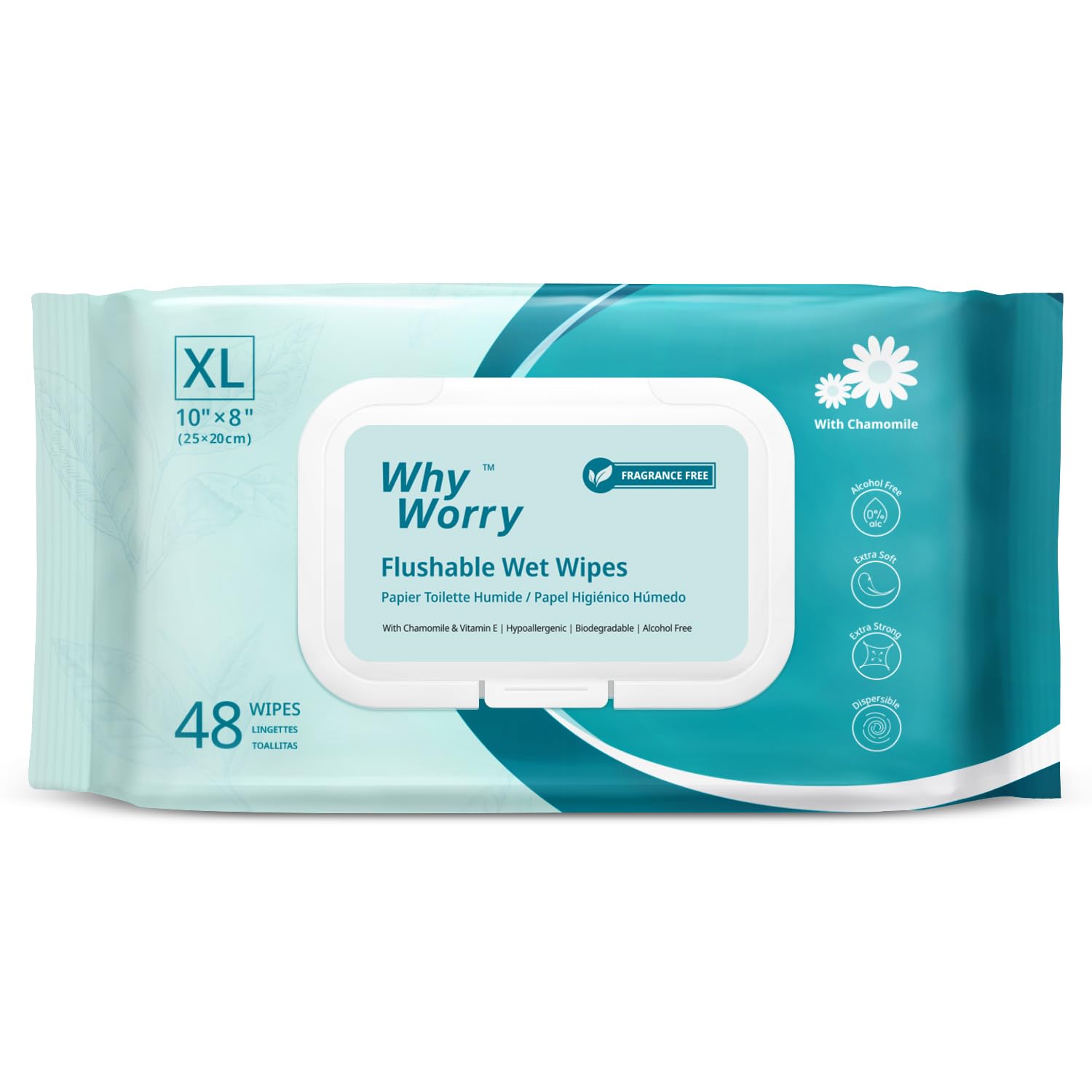 WhyWorry Flushable Wipes for Adults, Extra Large 8"x10" Butt Wipes for Personal Hygiene & Cleansing, with Chamomile and Vitamin E, 100% Plant-Based, Septic & Sewer Safe, Unscented, 48 Count