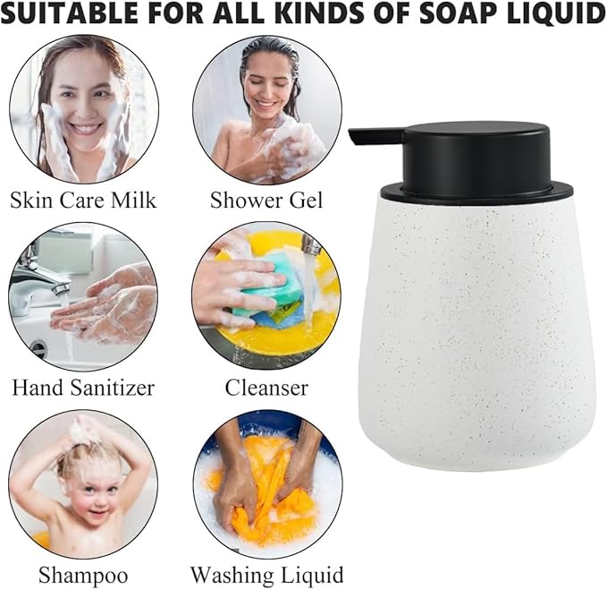 12Oz Foaming Soap Dispenser - Ceramic Foam Hand Soap Dispenser with Easy-to-Press Black Pump, Reusable and Refillable Lotion Dish Soap Dispensers for Bathroom & Kitchen, Speckled Matte White