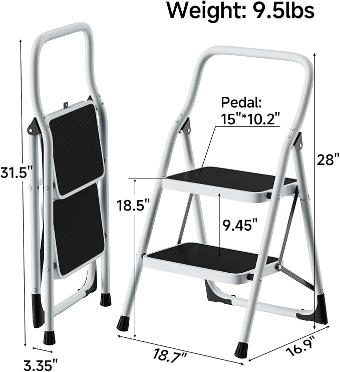 2 Step Stool, Folding Step Ladder with Wide Anti-Slip Pedal & Safety Lock, Step Stool for Kitchen, Bathroom, Office, 300lbs Capacity
